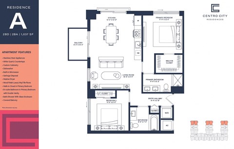 A floor plan for a residence with a living room, dining room, kitchen, and two bathrooms.